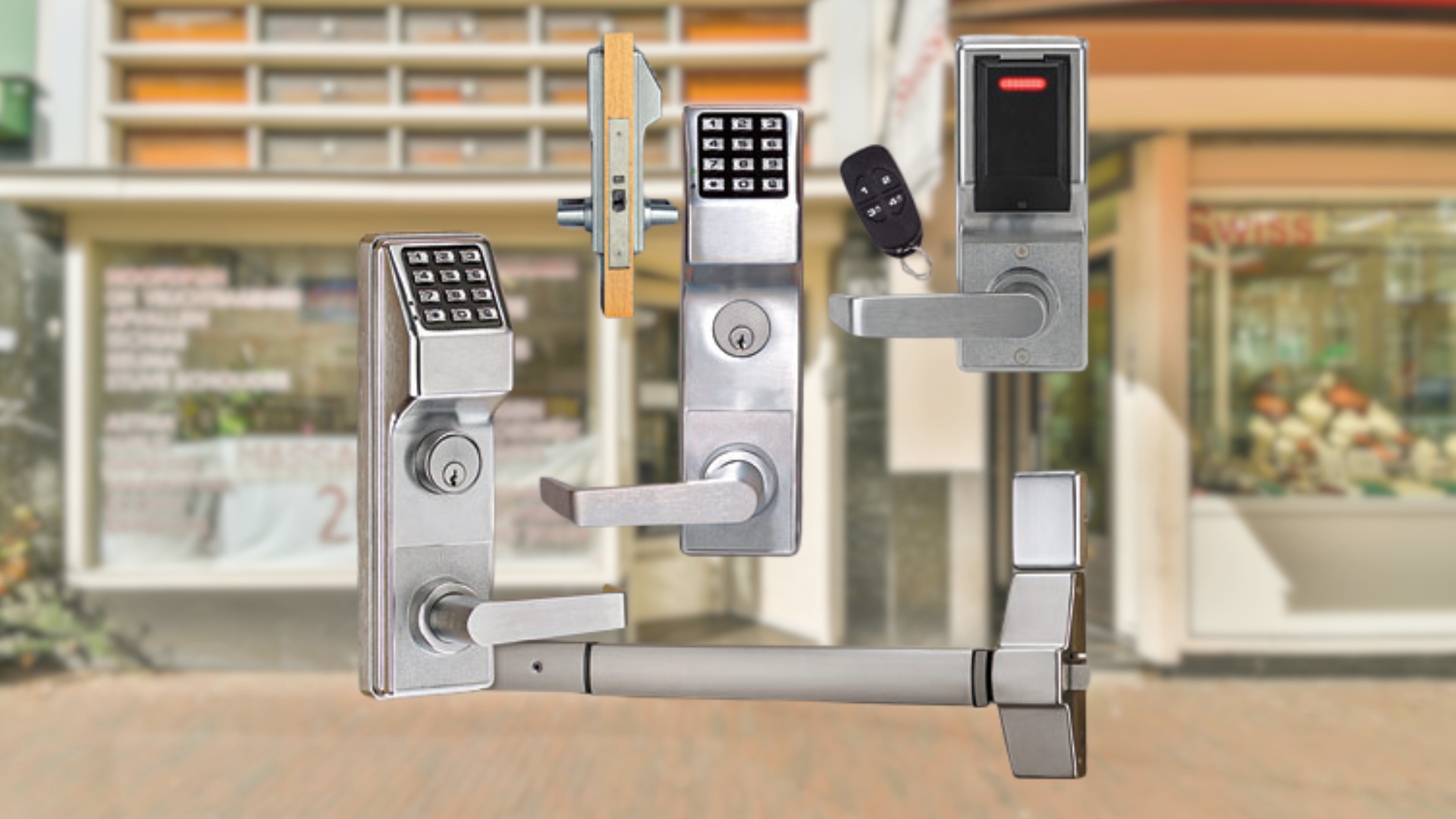 Some examples of storefront locks; keypad lock, biometric lock, and push bar