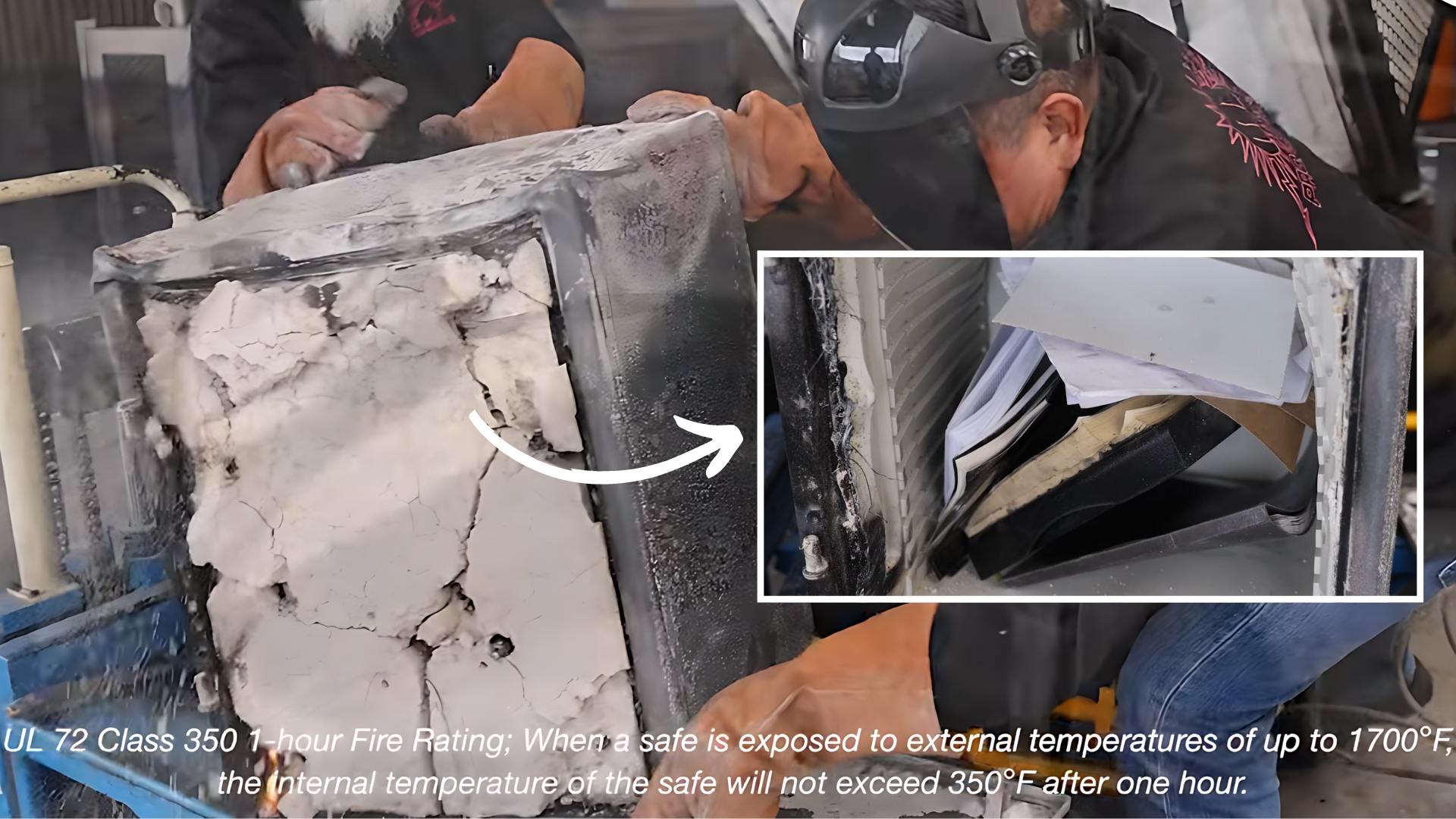 Testing of a fire-resistant safe, checking for internal and external damage after high-temperature exposure, showing its ability to protect contents from fire.