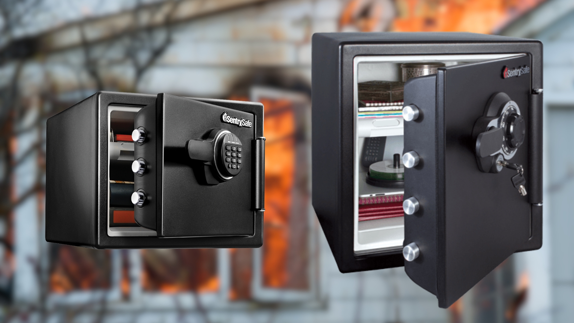 Two models of fire-resistant safes by SentrySafe, one with a digital keypad and the other with a traditional combination dial.