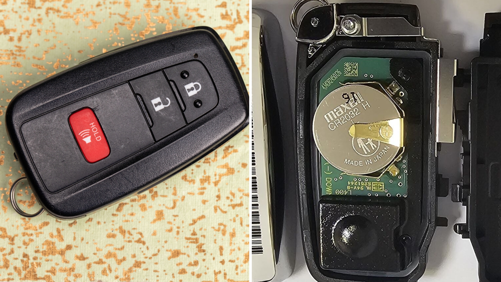 A vehicle remote key fob showing its internal component, emphasizing solutions for vehicle lockouts.