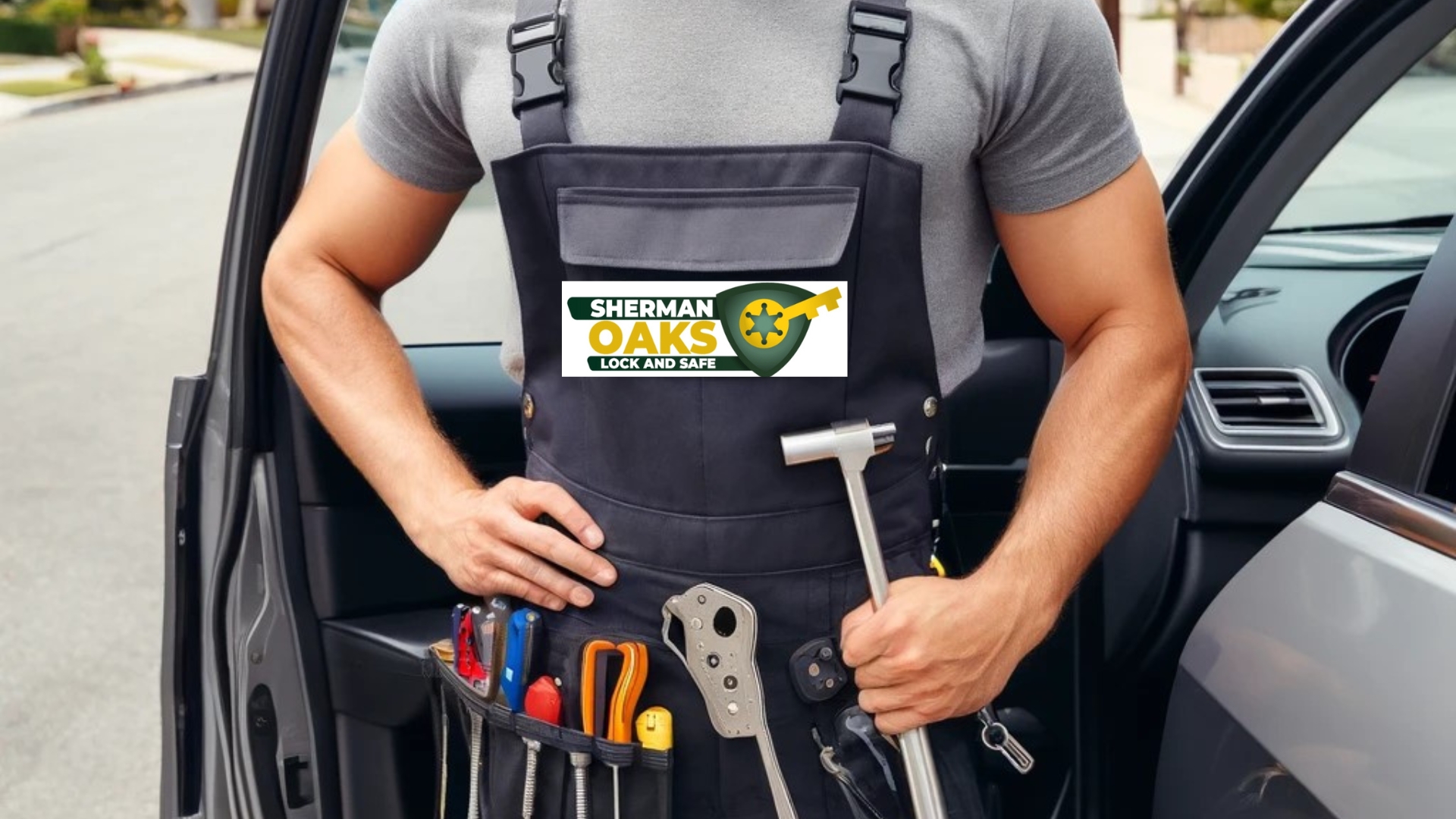 A locksmith equipped with tools stands beside a car, ready to provide vehicle lockout services.