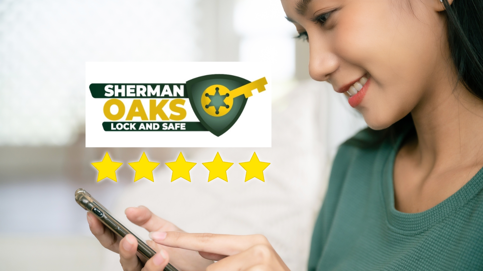 A satisfied client reviews a top-rated locksmith service, Sherman Oaks Lock and Safe, on her phone.