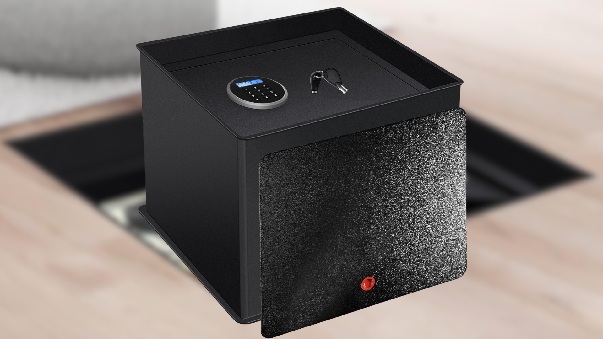 A black floor safe with a digital keypad sits on the ground, its door slightly open.