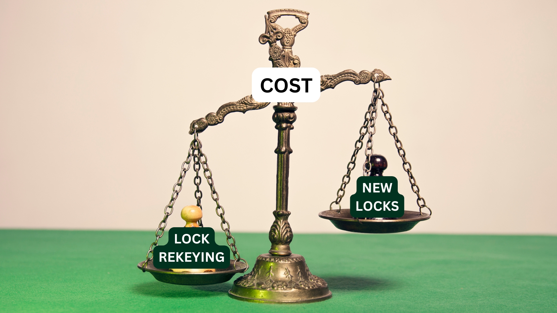 Balance scale comparing lock rekeying cost versus new locks