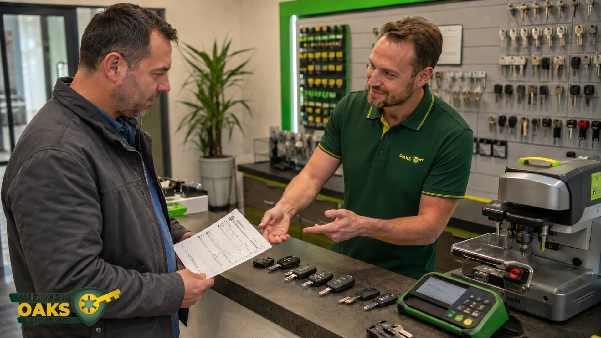 Customer discussing lost car remote replacement options with locksmith at key programming counter
