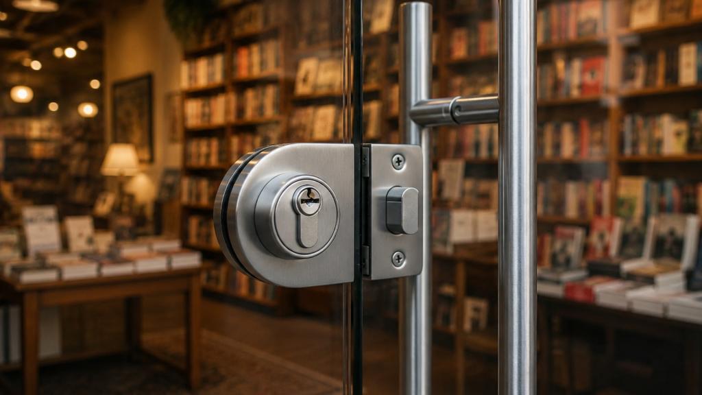 Commercial storefront lock installed on a glass door for better business entrance security.