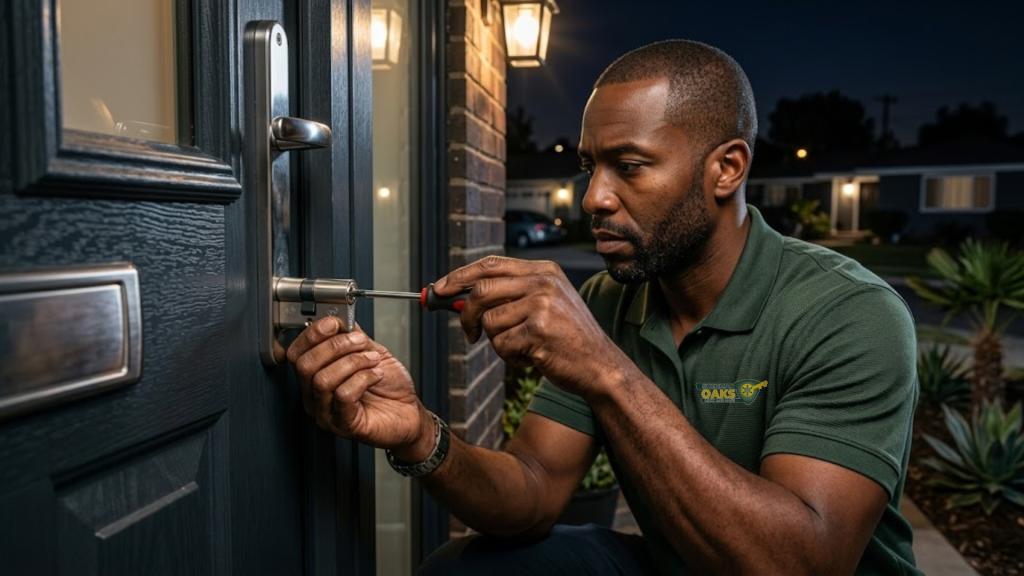 Professional locksmith rekeying a residential door lock during an evening lock repair service to improve home security in Sherman Oaks