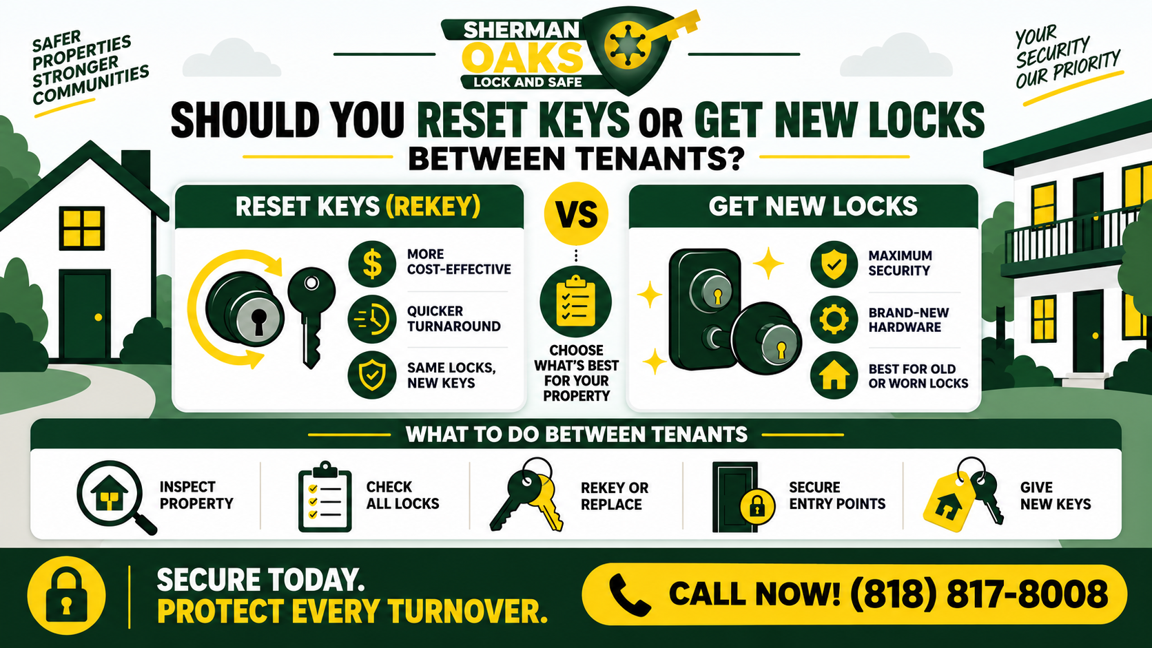 Infographic ad for Sherman Oaks locksmith services compares rekeying with new locks between tenants, urging property security and calling 818-817-8008.
