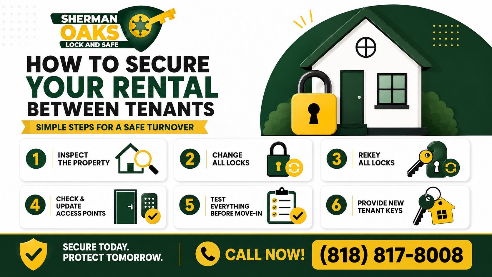 Infographic titled "How to Secure Your Rental Between Tenants" by Sherman Oaks Lock and Safe outlining six steps: inspect property, change locks, rekey locks, check access points, test everything, and provide new keys.
