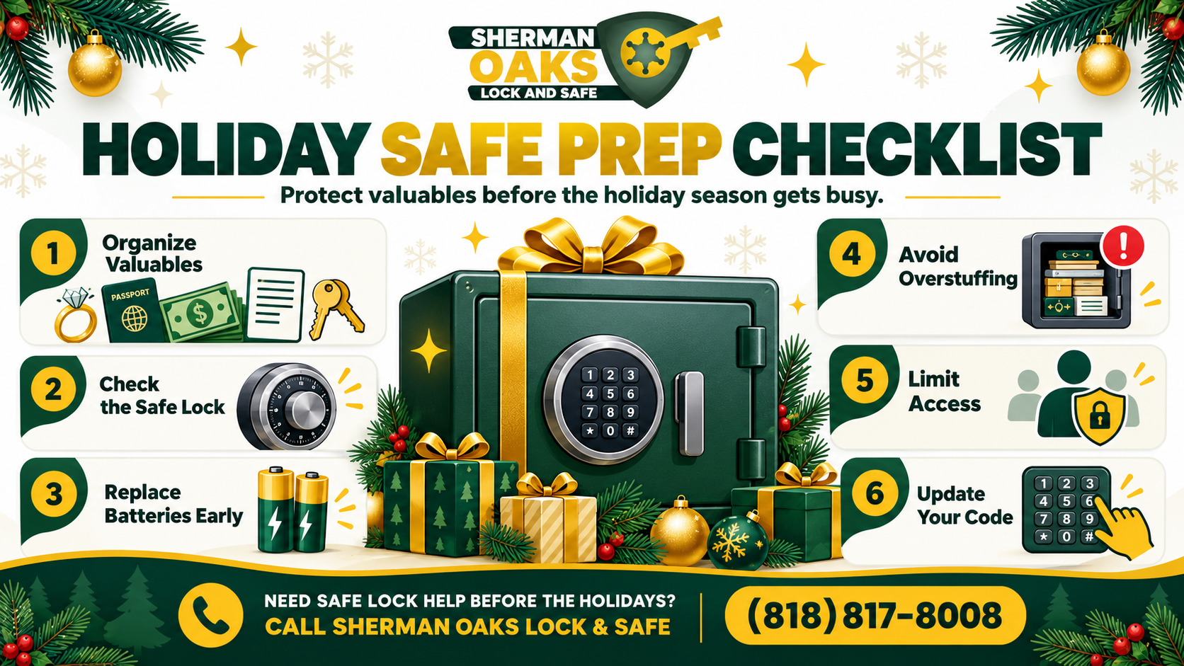 Holiday safe-prep checklist infographic: six tips surround a green keypad safe and gifts, with festive decorations and a locksmith phone number.