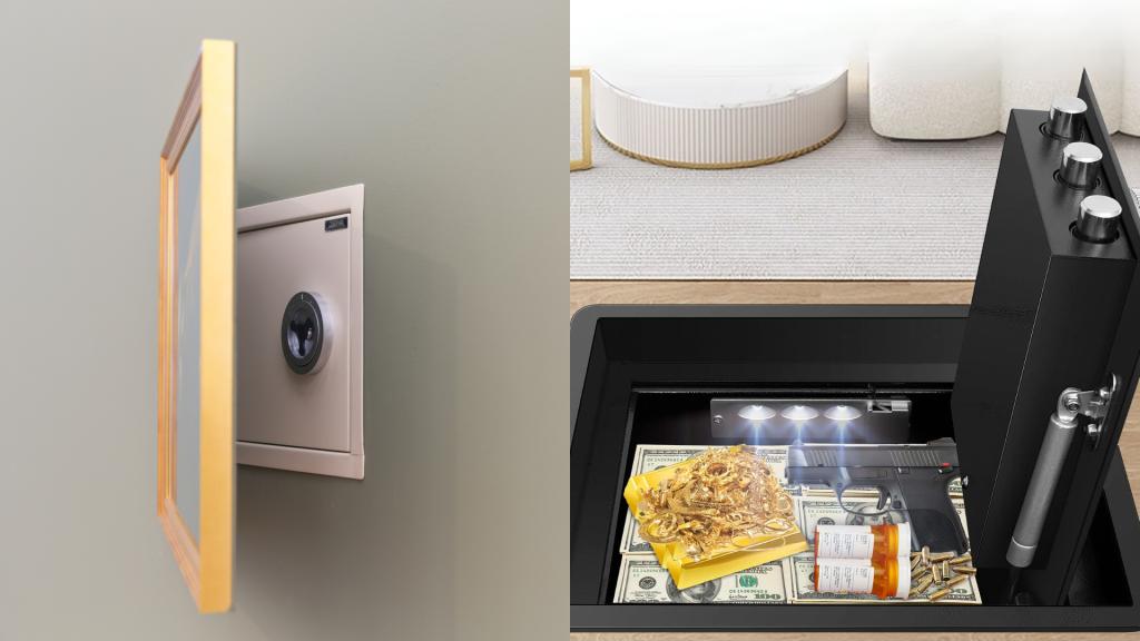 Wall safe vs. floor safe comparison showing concealed storage for valuables behind artwork and beneath the floor.